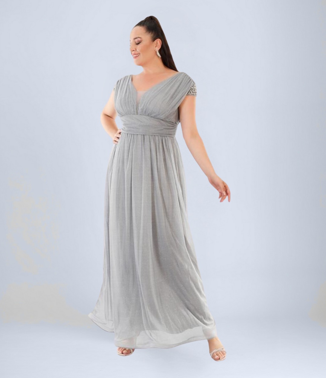 Gri Uzun Büyük Beden Omuzları Taşlı Büzgülü Simli Tül Abiye Elbise OTR39414 Omuzları Taşlı Büzgülü Simli Tül Abiye Elbise - Görsel 1