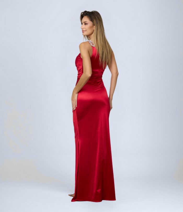 Tek Omuz Taş Detaylı Saten Abiye Elbise - Görsel 2