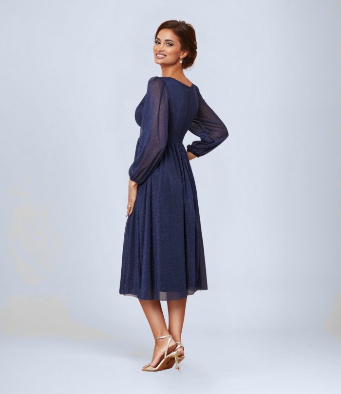 V Yaka Büzgülü Simli Tül Abiye Elbise - Görsel 2