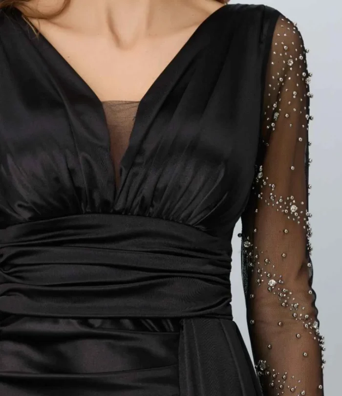 Uzun Kollu Taşlı Tüy Detay Saten Abiye Elbise - Görsel 2