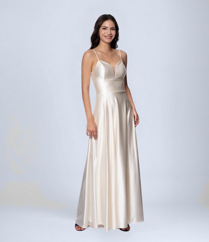 Askılı Yırtmaçlı Saten Abiye Elbise - Görsel 2