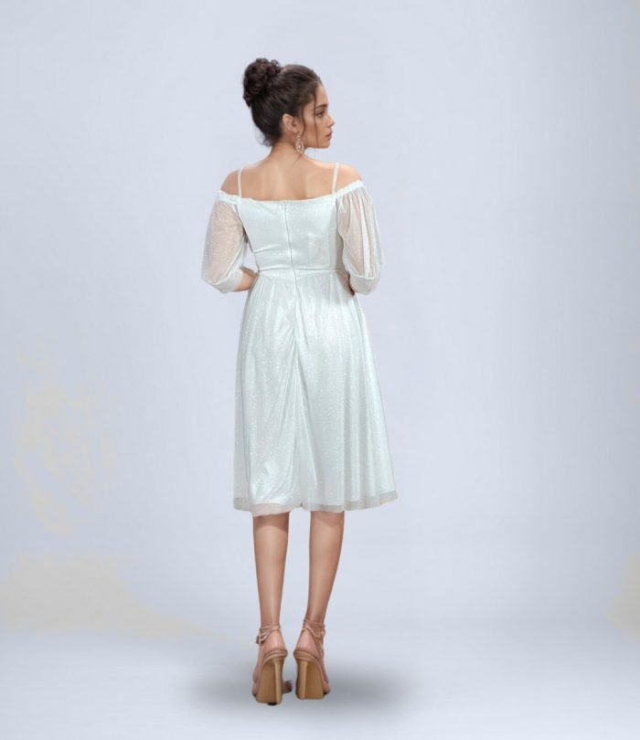 Balon Kollu Simli Tül Midi Abiye Elbise - Görsel 2