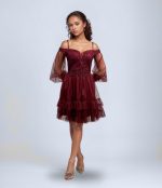 Eteği Fırfırlı Beli İşlemeli Abiye Elbise