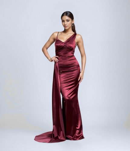 Tek Omuz Pileli Saten Abiye Elbise