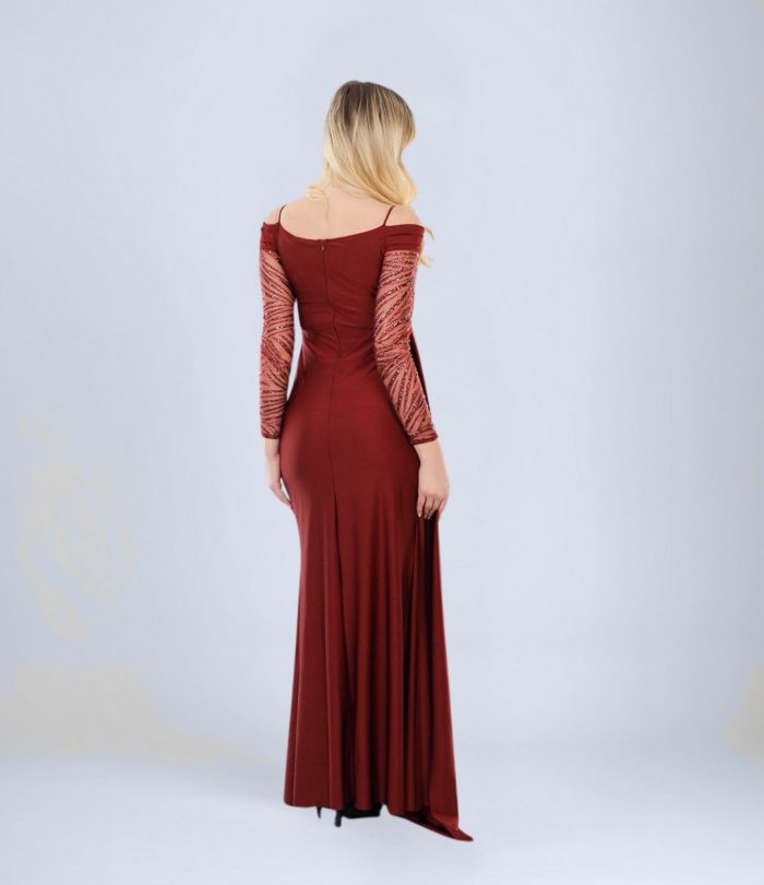 Yırtmaç Detaylı Nakış Kombinli Abiye Elbise - Görsel 2