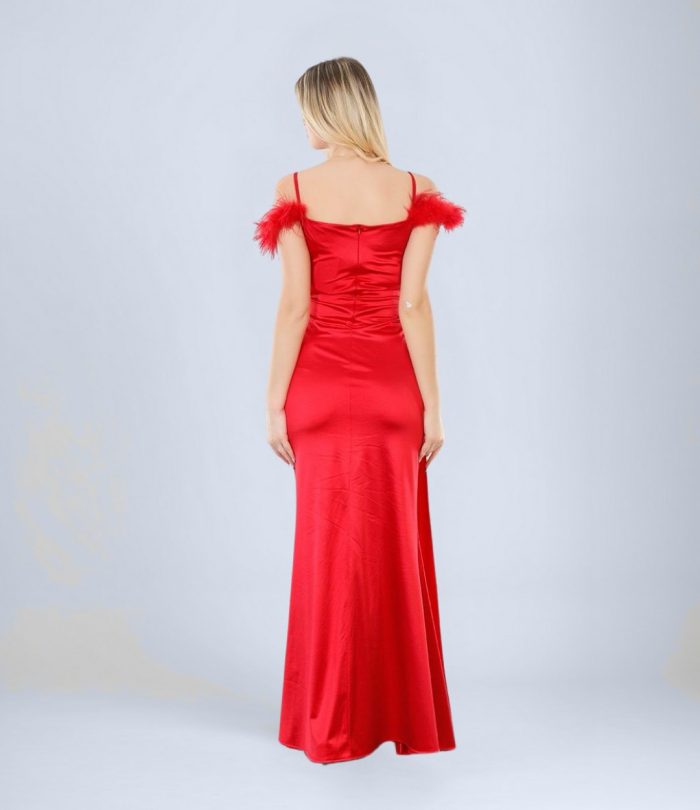 Tüy Omuz Yırtmaç Detaylı Saten Özel Gün Abiyesi - Görsel 2