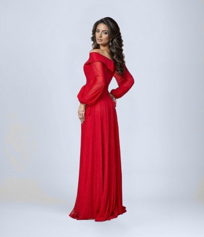 Kol Detaylı Kuşaklı Simli Tül Abiye Elbise - Görsel 2