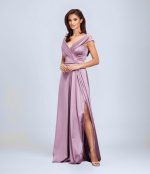 Düşük Omuz Yırtmaçlı Saten Abiye Elbise