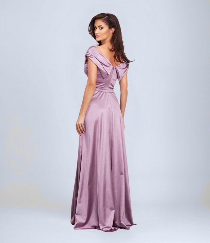 Düşük Omuz Yırtmaçlı Saten Abiye Elbise - Görsel 2