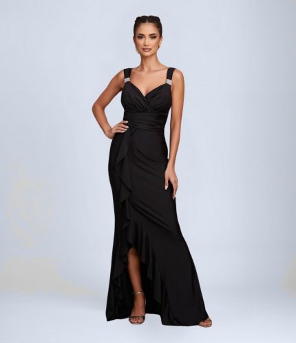 Omzu Taş Detaylı Yırtmaçlı Abiye Elbise